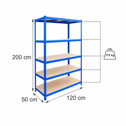 Heavy-Duty Steel Storage Rack with 5 Adjustable Shelves, 175 kg per Shelf, Blue