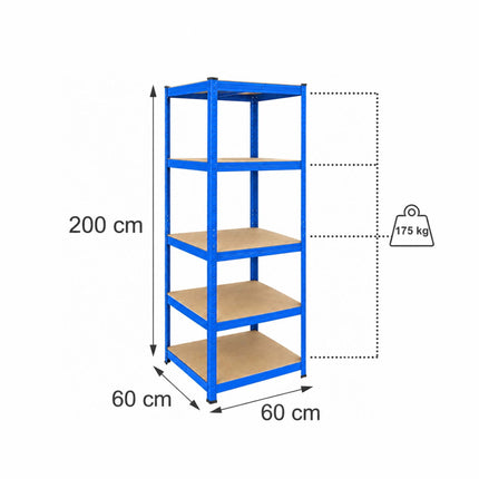 Heavy-Duty Steel Storage Rack with 5 Adjustable Shelves, 175 kg per Shelf, Blue