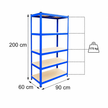 Heavy-Duty Steel Storage Rack with 5 Adjustable Shelves, 175 kg per Shelf, Blue