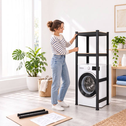 Heavy-Duty Washing Machine Rack, Industrial Steel and MDF – Black/Brown