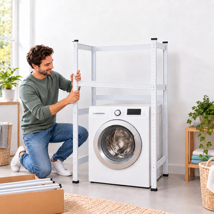 Heavy-Duty Washing Machine Shelf, Low Wide Steel Frame, White, 200 kg per Shelf