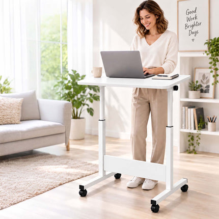 Height-Adjustable Laptop Desk on Castors, Tilting Top – White, 67-90 cm