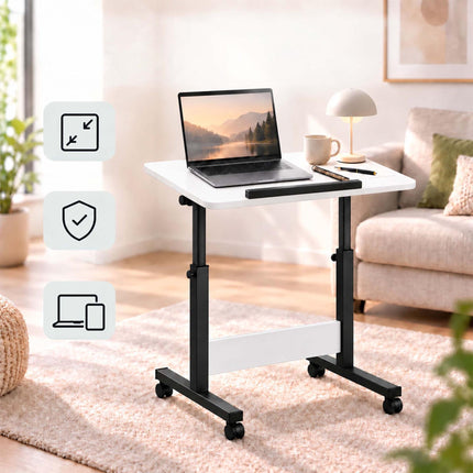 Height-Adjustable Laptop Desk on Castors, Tilting Top – White, Black Frame
