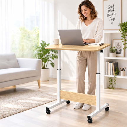 Height-Adjustable Laptop Table with Castors, Tilting Top – Light Wood/White