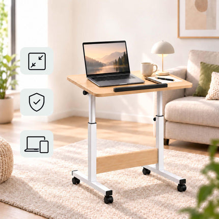 Height-Adjustable Laptop Table with Castors, Tilting Top – Light Wood/White