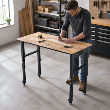 Height-Adjustable Mobile Workbench with Rubberwood Top