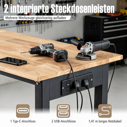 Height-Adjustable Mobile Workbench with Rubberwood Top