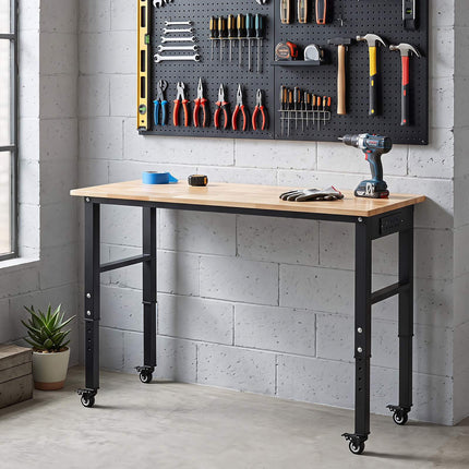 Height-Adjustable Mobile Workbench with Rubberwood Top
