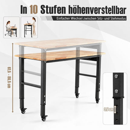 Height-Adjustable Mobile Workbench with Rubberwood Top