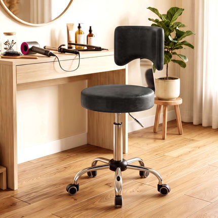 Height-Adjustable Rolling Salon Stool with Backrest, PU Leather, Black