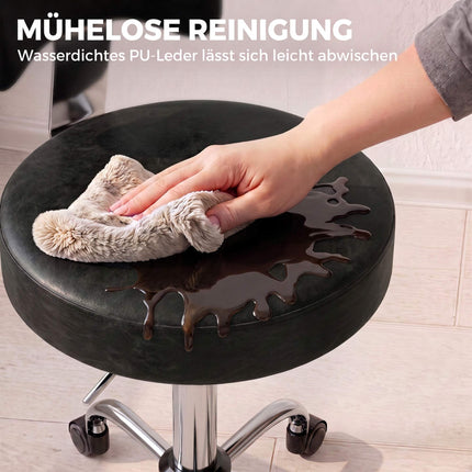 Height-Adjustable Rolling Salon Stool with Backrest, PU Leather, Black