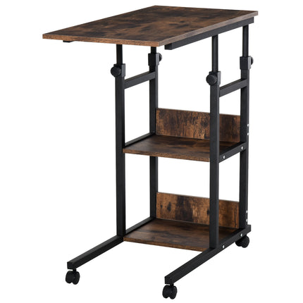 Height-Adjustable Side Table with Wheels and 2 Shelves, 80x40x72-82 cm, Brown