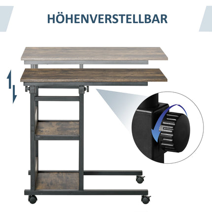 Height-Adjustable Side Table with Wheels and 2 Shelves, 80x40x72-82 cm, Brown