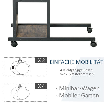 Height-Adjustable Side Table with Wheels and 2 Shelves, 80x40x72-82 cm, Brown