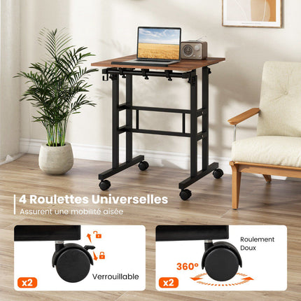 Höhenverstellbarer Stehschreibtisch mit Rollen, kippbarer Ablage