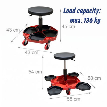 Height-Adjustable Workshop Stool with 4 Tool Compartments, Black/Red, 136 kg