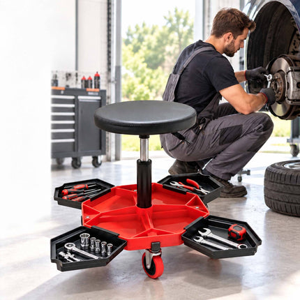 Height-Adjustable Workshop Stool with 4 Tool Compartments, Black/Red, 136 kg
