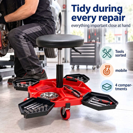 Height-Adjustable Workshop Stool with 4 Tool Compartments, Black/Red, 136 kg
