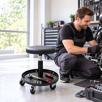 Height-Adjustable Workshop Stool with Tool Tray, 42–56 cm, Max 120 kg, Black