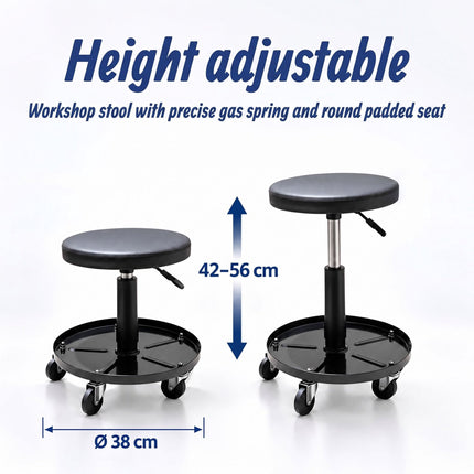 Height-Adjustable Workshop Stool with Tool Tray, 42–56 cm, Max 120 kg, Black