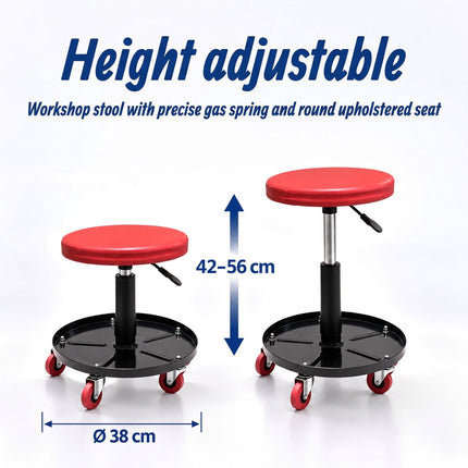 Height-Adjustable Workshop Stool with Tool Tray, 42–56 cm, Max 120 kg, Red