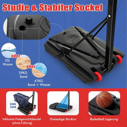 Höhenverstellbarer Basketballständer Basketballkorb mit Standfuß &amp; 2 Rollen 105-260 cm Schwarz