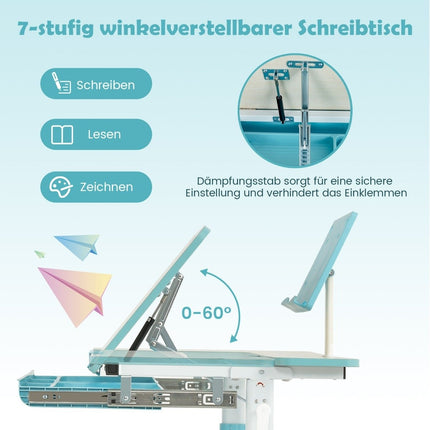 Höhenverstellbares Kinderschreibtisch-Set mit neigbarer Tischplatte und Buchständer (blauer Tisch)