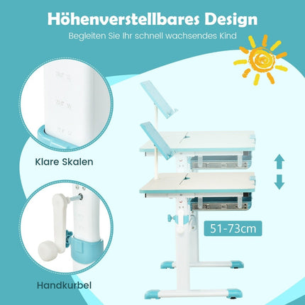 Höhenverstellbares Kinderschreibtisch-Set mit neigbarer Tischplatte und Buchständer (blauer Tisch)