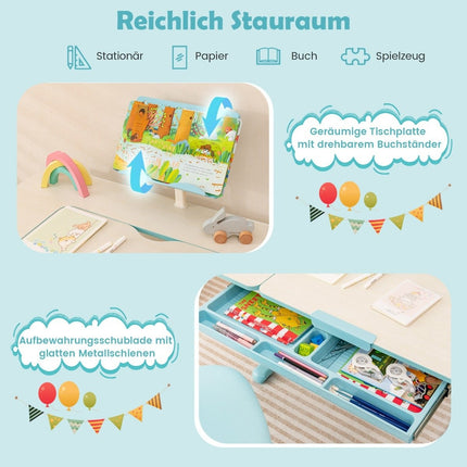 Höhenverstellbares Kinderschreibtisch-Set mit neigbarer Tischplatte und Buchständer (blauer Tisch)
