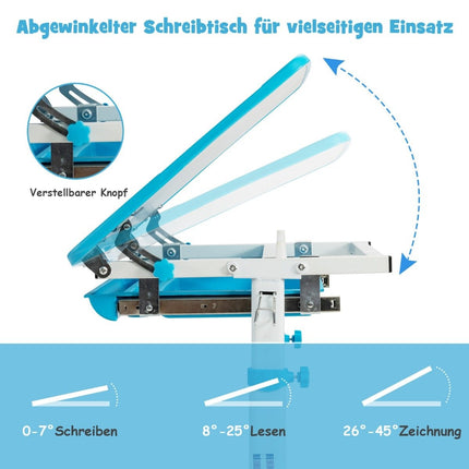 Höhenverstellbares Kinderschreibtisch-Set mit neigbarer Tischplatte und Schublade blau