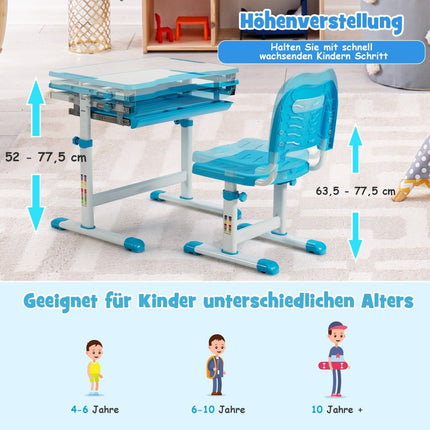 Höhenverstellbares Kinderschreibtisch-Set mit neigbarer Tischplatte und Schublade blau