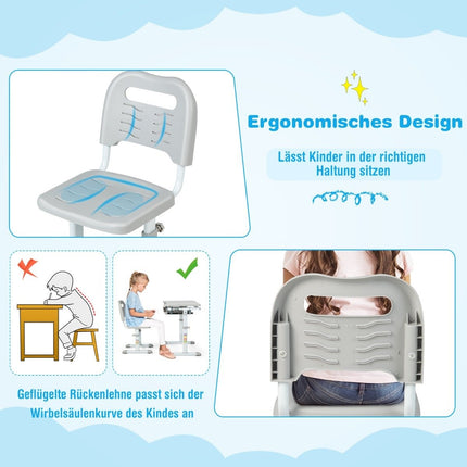 Höhenverstellbares Kinderschreibtisch-Set mit neigbarer Tischplatte und Schublade mit grauem Stuhl