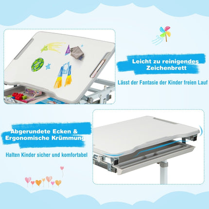 Höhenverstellbares Kinderschreibtisch-Set mit neigbarer Tischplatte und Schublade mit grauem Stuhl