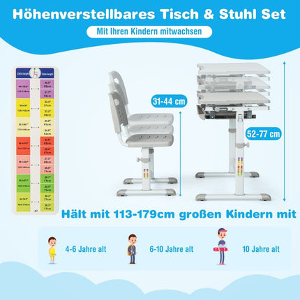 Höhenverstellbares Kinderschreibtisch-Set mit neigbarer Tischplatte und Schublade mit grauem Stuhl