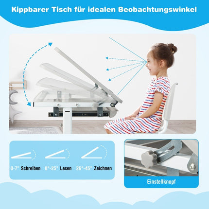 Höhenverstellbares Kinderschreibtisch-Set mit neigbarer Tischplatte und Schublade mit grauem Stuhl
