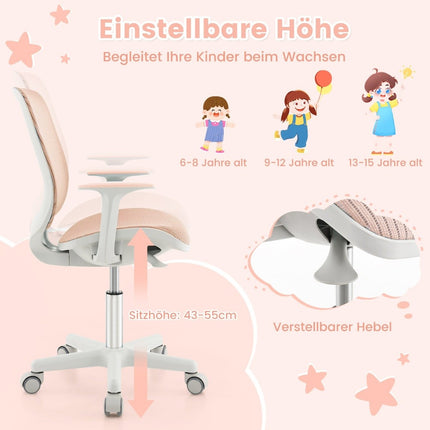 Höhenverstellbarer Kinderdrehstuhl mit Sitzbremse Ergonomischer Schreibtischstuhl Bürostuhl Rosa