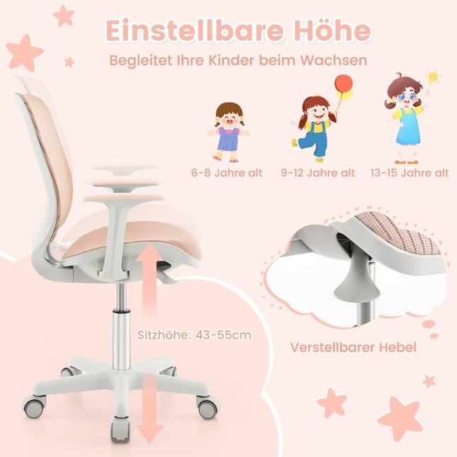 Höhenverstellbarer Kinderdrehstuhl mit Sitzbremse Ergonomischer Schreibtischstuhl Bürostuhl Rosa