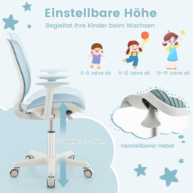 Höhenverstellbarer Kinderdrehstuhl mit Sitzbremse, ergonomischer Schreibtischstuhl, Bürostuhl, blau