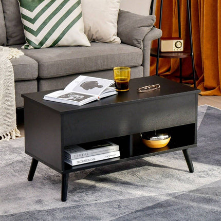 Height-adjustable coffee table with liftable table top & 2 open shelves, coffee table black