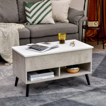 Height-adjustable coffee table with liftable table top & 2 open shelves, gray coffee table