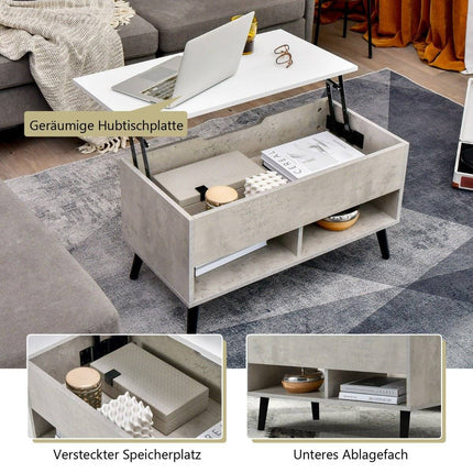 Height-adjustable coffee table with liftable table top & 2 open shelves, gray coffee table