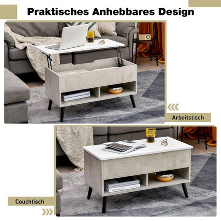 Height-adjustable coffee table with liftable table top & 2 open shelves, gray coffee table