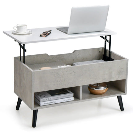 Height-adjustable coffee table with liftable table top & 2 open shelves, gray coffee table