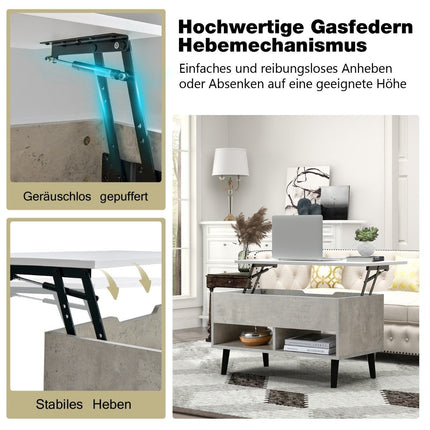 Height-adjustable coffee table with liftable table top & 2 open shelves, gray coffee table