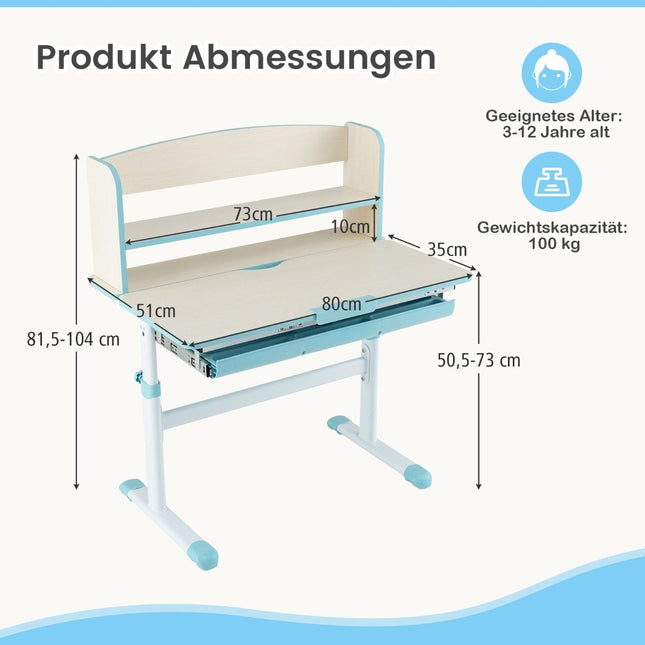 Höhenverstellbarer Schreibtisch mit neigbarer Tischplatte &amp; Schublade &amp; Ablage Kinderschreibtisch Blau