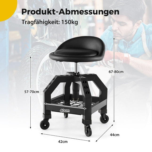 Höhenverstellbarer Werkstatthocker 150 kg belastbar mit Werkzeugablage Werkstattstuhl schwarz