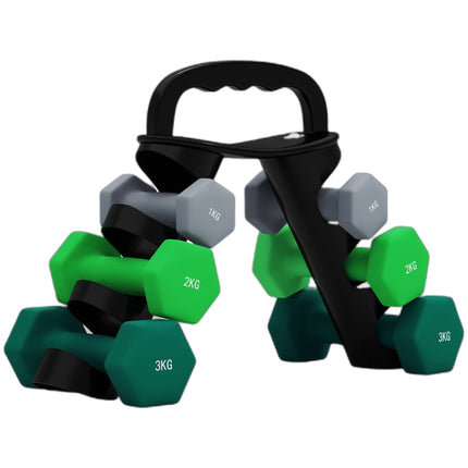 Sada hexagonálních činek se stojanem – páry 1kg, 2kg, 3kg