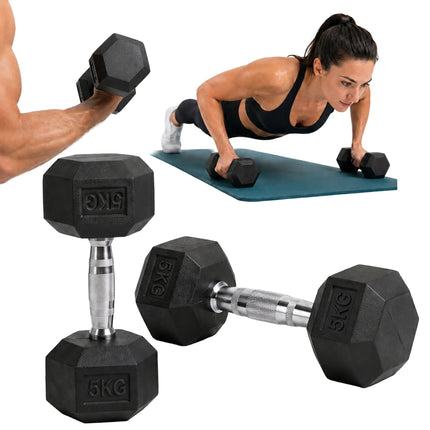 Hex Dumbbells 5 kg Pair, Rubber-Coated Cast Iron, Non-Slip Handles