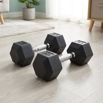 Hex Dumbbells 5 kg Pair, Rubber-Coated Cast Iron, Non-Slip Handles