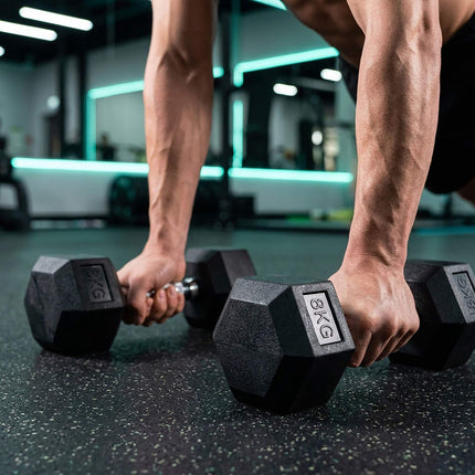Hex Dumbbells 8 kg Pair, Rubber-Coated Cast Iron, Non-Slip Handles